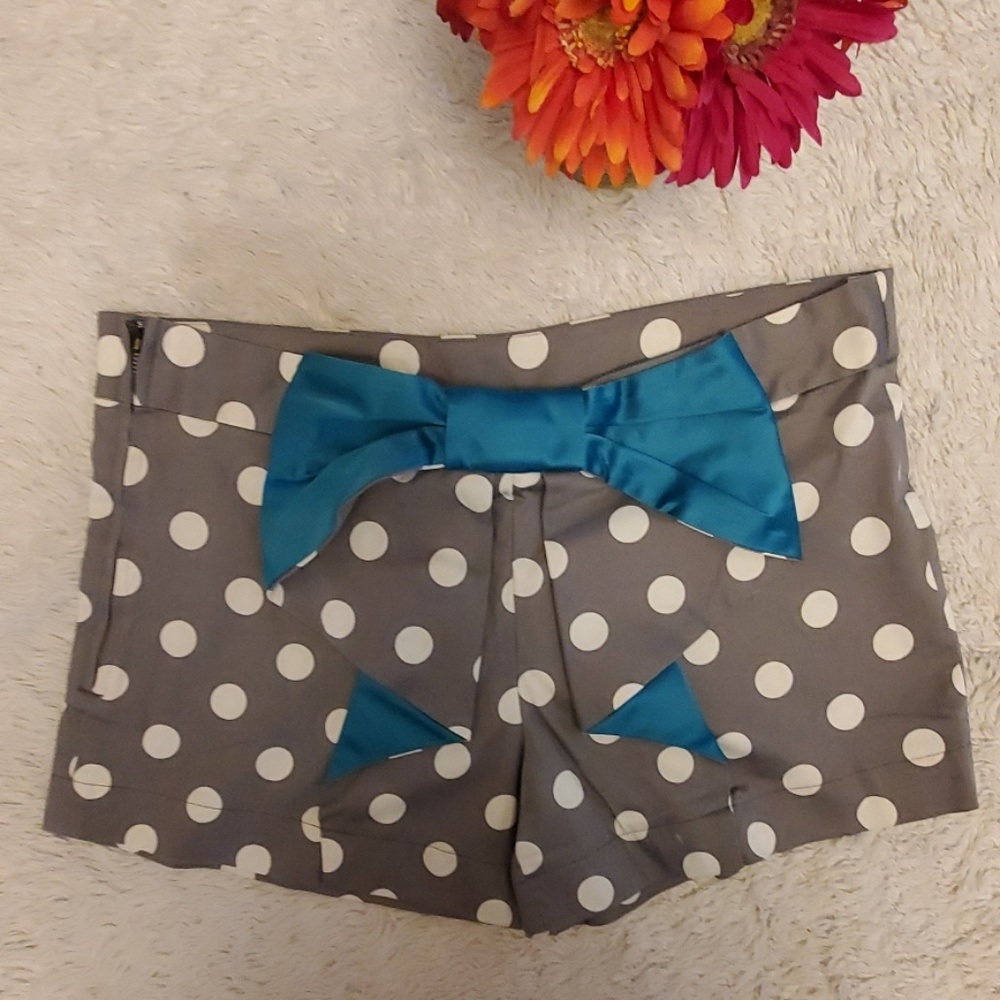 Judith March Gray Polka Dot Shorts with Blue Accents